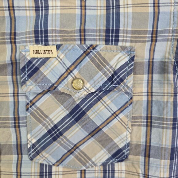 Mens Hollister Co Western Style Tan Blue Plaid Shirt Pearl Snap Button Up Size S - Picture 3 of 9